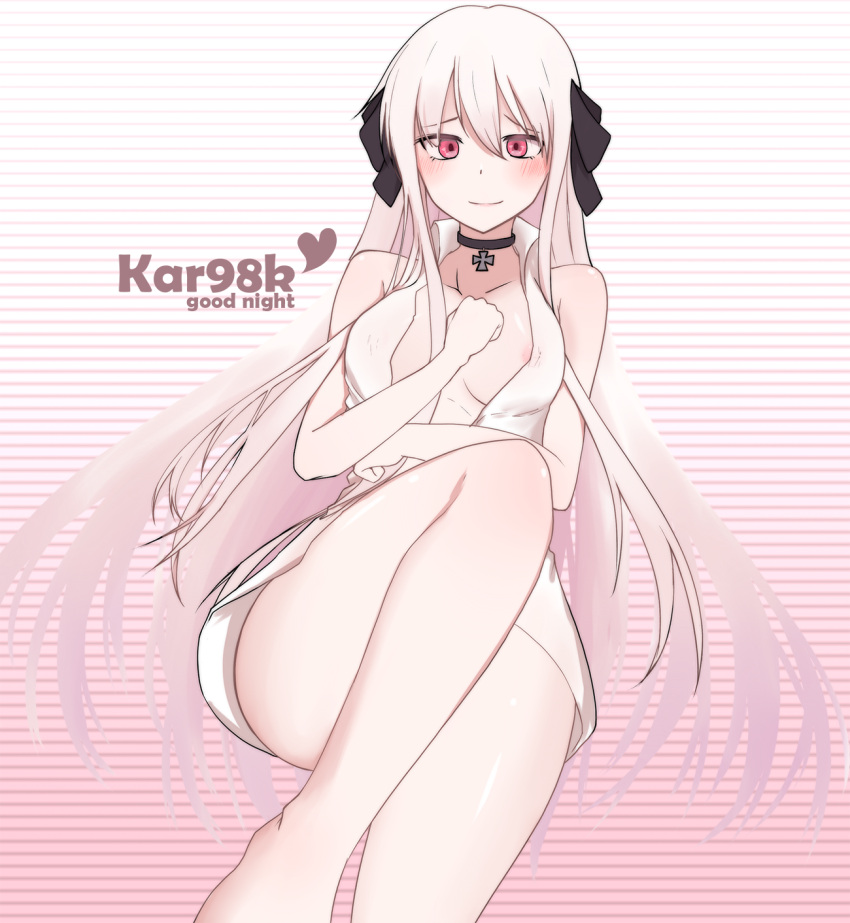 1girl bare_legs black_choker black_ribbon blush breasts character_name choker clip_studio_paint_(medium) closed_mouth covered_nipples cross cross_necklace crossed_arms eyebrows_visible_through_hair girls_frontline hair_ribbon hand_on_own_chest heart heart_print highres jewelry kar98k_(girls_frontline) knee_up long_hair looking_at_viewer medium_breasts merong necklace open_clothes open_shirt ribbon shirt silver_hair simple_background sitting solo thighs violet_eyes white_shirt