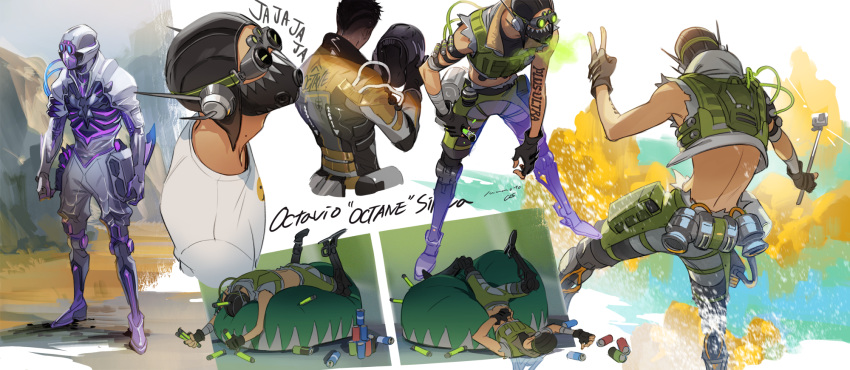 1boy apex_legends bean_bag black_headwear blue_eyes character_name cropped_vest headwear_removed helmet helmet_removed highres holding holding_syringe iwamoto_zerogo laughing leaning_forward looking_down looking_up lying mask mechanical_legs mouth_mask multiple_views octane_(apex_legends) on_back on_stomach open_hands prosthesis prosthetic_leg selfie_stick shirt spanish_text syringe v vest white_shirt