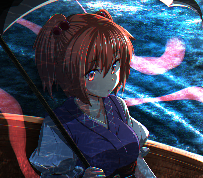 1girl absurdres bangs blue_kimono boat collarbone eyebrows_visible_through_hair hair_between_eyes hair_bobbles hair_ornament highres hitodama holding holding_scythe huge_filesize japanese_clothes kakutasu_(akihiron_cactus) kimono light_blush looking_ahead night onozuka_komachi outdoors parted_lips puffy_short_sleeves puffy_sleeves red_eyes redhead scythe short_hair short_sleeves solo touhou triangle_mouth two_side_up upper_body water watercraft
