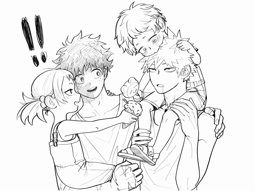 !! 1girl 3boys bakugou_katsuki bangs bare_arms biting blush boku_no_hero_academia carrying child collarbone drooling food freckles greyscale hair_ornament happy highres holding ice_cream ice_cream_cone looking_at_another midoriya_izuku monochrome multiple_boys on_shoulder overalls scar_on_arm short_hair smile spiky_hair wengwengchim