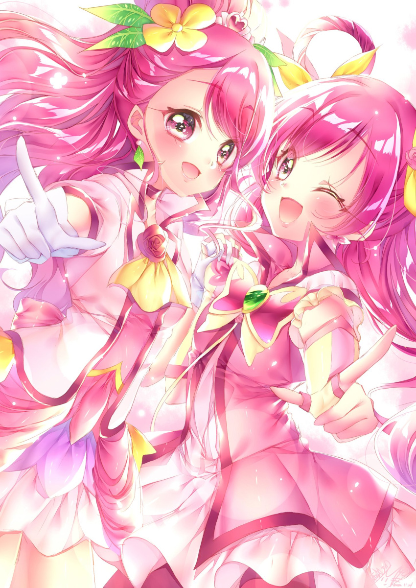 2girls :d blush bow choker color_connection commentary_request cure_dream cure_grace detached_sleeves dress earrings eyelashes gloves hair_ornament hair_rings hanadera_nodoka happy healin'_good_precure highres jewelry looking_at_viewer magical_girl multiple_girls open_mouth pink_dress pink_eyes pink_hair pink_skirt pointing pointing_at_viewer precure ribbon skirt smile standing touki_matsuri vest white_gloves yes!_precure_5 yes!_precure_5_gogo! yumehara_nozomi