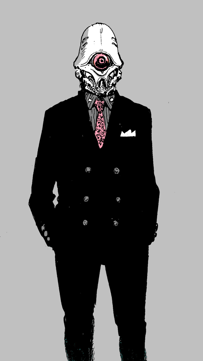black_pants black_suit cyberpunk cyclops formal grey_background grey_shirt greyscale hands_in_pockets heisy_ss highres looking_at_viewer monochrome necktie one-eyed original pants robot science_fiction shirt spot_color standing suit