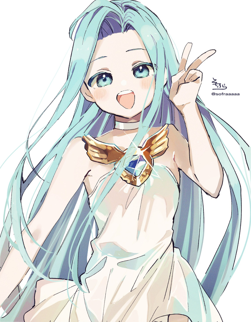 1girl :d absurdres bangs blue_eyes blue_hair blush choker dress forehead granblue_fantasy hand_up highres long_hair looking_at_viewer lyria_(granblue_fantasy) open_mouth parted_bangs round_teeth signature simple_background smile sofra solo strapless strapless_dress teeth twitter_username upper_teeth v very_long_hair white_background white_choker white_dress