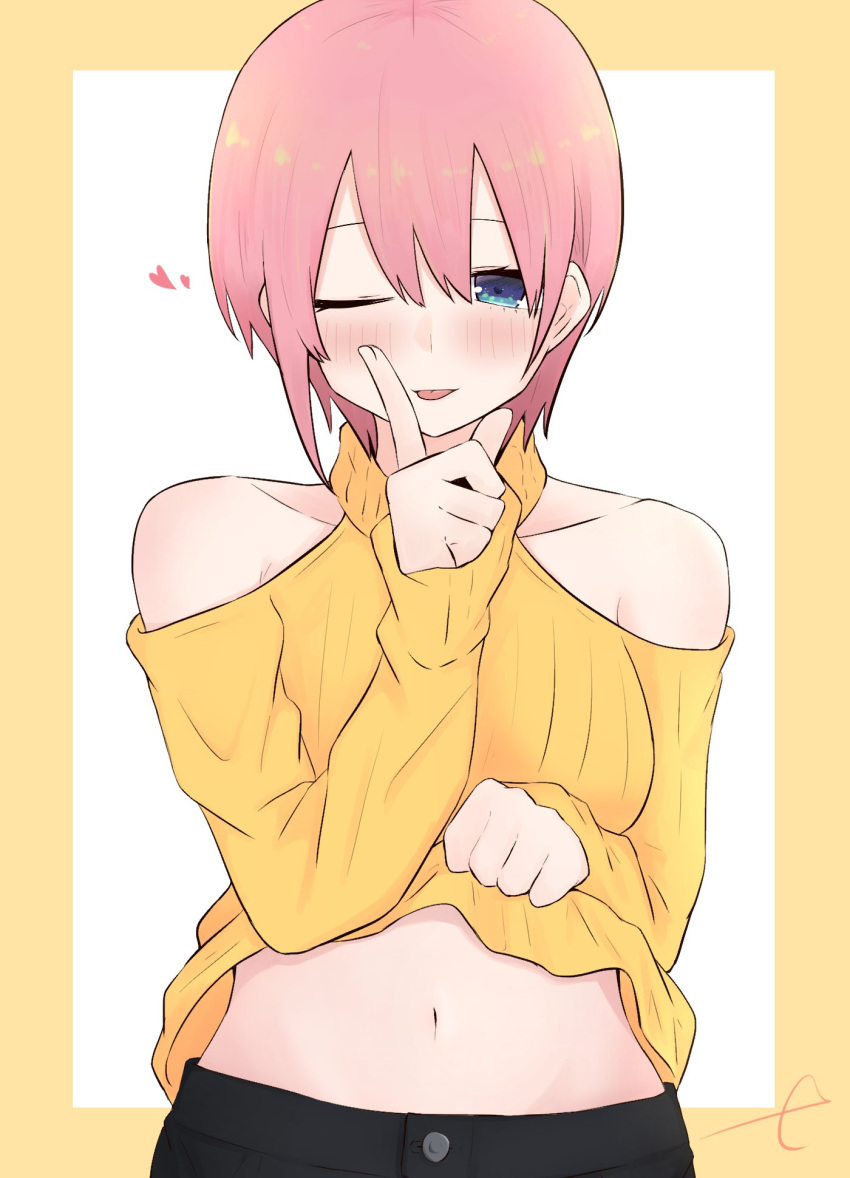 1girl ;p bangs bare_shoulders black_pants blue_eyes blush breasts brown_background closed_mouth clothes_lift clothing_cutout collarbone commentary_request eyebrows_behind_hair go-toubun_no_hanayome hair_between_eyes hand_up heart highres index_finger_raised kujou_karasuma lifted_by_self long_sleeves medium_breasts nakano_ichika navel one_eye_closed pants pink_hair ribbed_sweater shoulder_cutout signature sleeves_past_wrists smile solo sweater sweater_lift tongue tongue_out turtleneck turtleneck_sweater two-tone_background white_background yellow_sweater