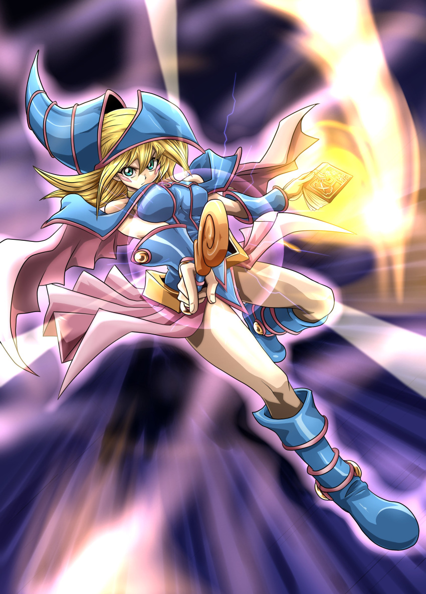 1girl absurdres bangs bare_shoulders blonde_hair blue_footwear blush_stickers book boots breasts choker commentary_request dark_magician_girl duel_monster energy fingernails green_eyes hair_between_eyes hat highres holding holding_book holding_wand knees long_hair looking_at_viewer solo wand wizard_hat yu-gi-oh! zeke_(analogmon)