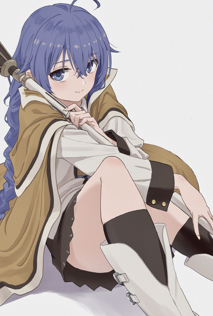 1girl absurdres ahoge bangs black_legwear black_skirt blue_eyes blue_hair boots braid brown_cape cape closed_mouth commentary_request eyebrows_visible_through_hair feet_out_of_frame grey_background grey_shirt hair_between_eyes hasisisissy highres holding holding_staff knee_up long_hair long_sleeves looking_at_viewer mushoku_tensei roxy_migurdia shadow shirt sitting skirt smile solo staff very_long_hair white_footwear