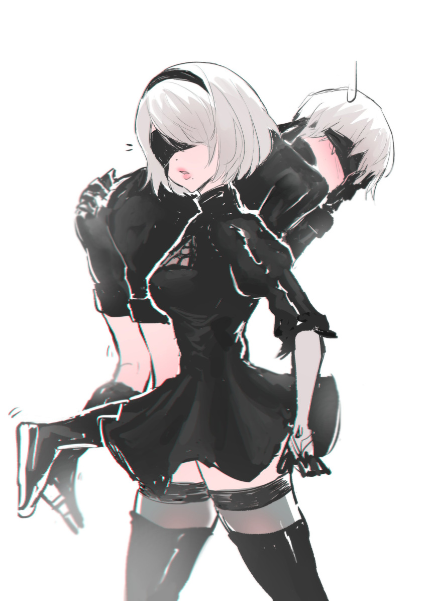 1boy 1girl absurdres ass ass_grab black_blindfold black_footwear black_gloves black_hairband blindfold blush carrying gloves grey_legwear hairband hand_on_own_face highres mole mole_under_mouth nier_(series) nier_automata outline pink_lips puffy_sleeves simple_background sketch sweat sweatdrop thigh-highs turtle turtleneck walking white_background white_hair white_outline yorha_no._2_type_b yorha_no._9_type_s zemzk