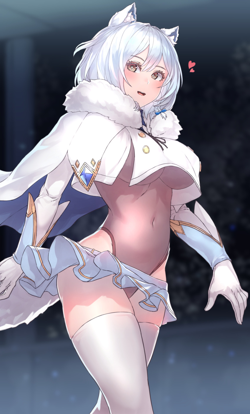 1girl :d absurdres animal_ear_fluff animal_ears bangs blush bodystocking breasts bright_pupils brown_eyes cape covered_navel cropped_jacket eyelashes fur-trimmed_cape fur_trim gloves hair_between_eyes heart highres jacket large_breasts leotard leotard_under_clothes looking_at_viewer lovey_(pride_of_eden) microskirt open_mouth red:_pride_of_eden sheer_leotard short_hair silver_hair skindentation skirt smile solo tail thigh-highs under_boob upper_teeth walking white_cape white_gloves white_jacket white_legwear white_pupils yu_mochi_(kamiinu)