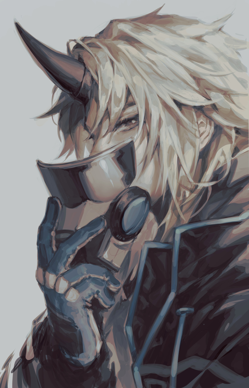 1boy absurdres arknights bangs black_jacket blonde_hair blue_gloves brown_eyes commentary covered_face gloves highres holding holding_mask horns jacket male_focus manjyufroth mask medium_hair noir_corne_(arknights) oni open_clothes open_jacket simple_background single_horn solo upper_body