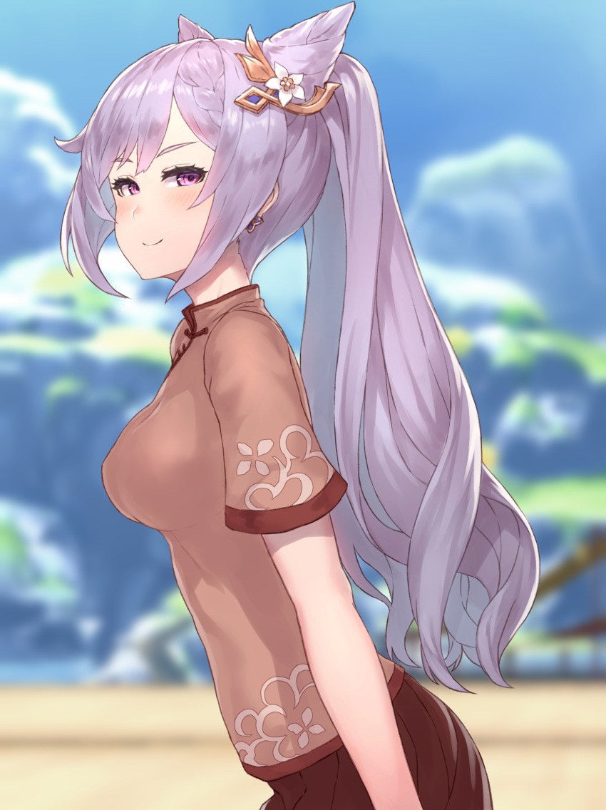 &gt;:) 1girl bangs blush breasts brown_shirt brown_skirt chinese_clothes cowboy_shot earrings eyelashes from_side genshin_impact hair_cones hair_ornament highres jewelry keqing_(genshin_impact) long_hair looking_at_viewer looking_to_the_side medium_breasts pleated_skirt purple_hair shirt skirt smile solo tangzhuang twintails v-shaped_eyebrows yu_mochi_(kamiinu)