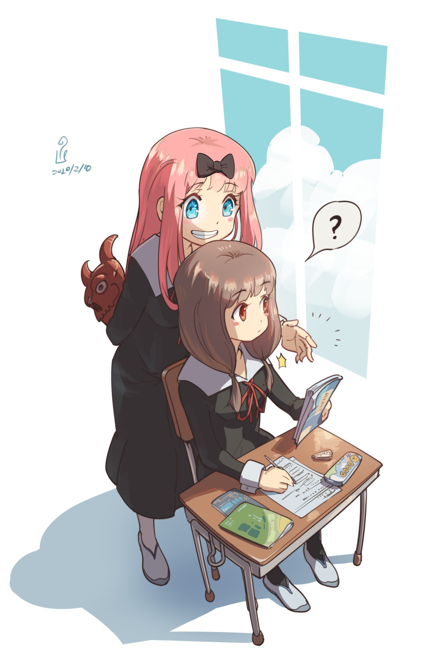 2girls ? absurdres bangs black_bow black_dress blue_eyes blue_sky blunt_bangs blush_stickers bow brown_eyes brown_hair chair chinese_commentary classroom clouds cloudy_sky collared_dress commentary_request dated day desk dress eyebrows_visible_through_hair from_above fujiwara_chika full_body grin hair_bow hair_over_shoulder highres holding holding_mask holding_pencil iino_miko kaguya-sama_wa_kokurasetai_~tensai-tachi_no_renai_zunousen~ long_hair looking_out_window low-tied_long_hair low_twintails mask mixed-language_commentary multiple_girls neck_ribbon notebook pencil pink_hair pran red_ribbon ribbon school_desk school_uniform shadow shoes shuuchiin_academy_uniform signature simple_background sitting sky smile speech_bubble spoken_question_mark tanziya_(codlxcold) twintails uwabaki white_background window