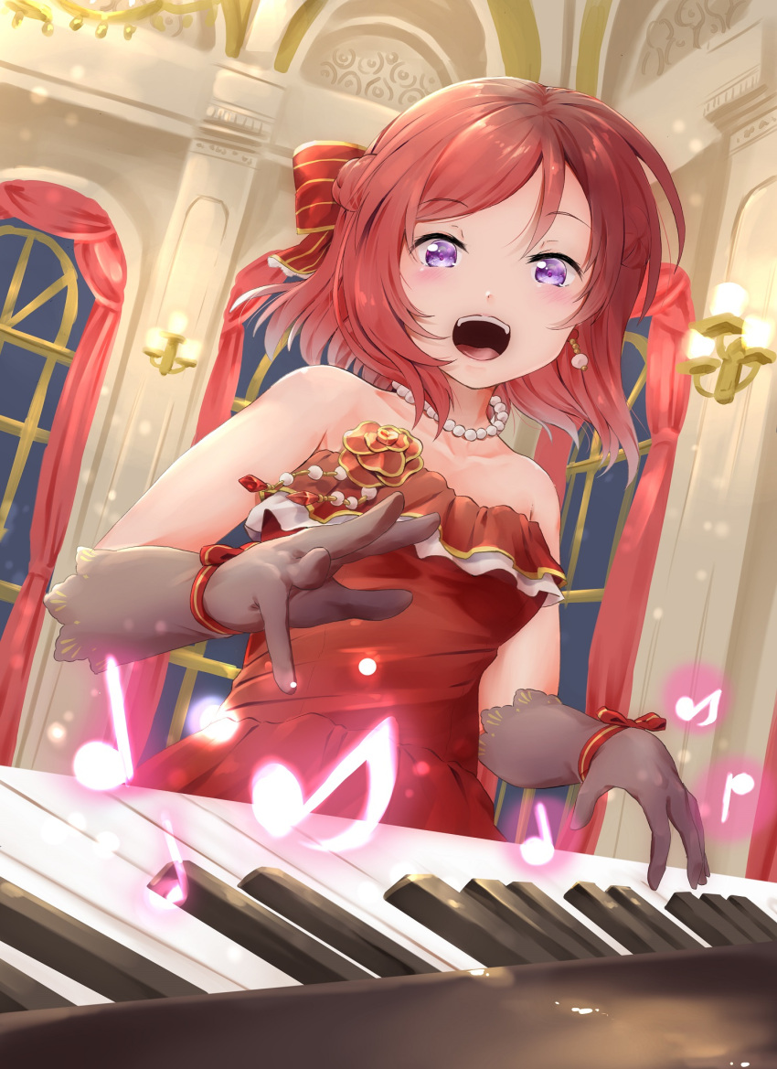 1girl :d bare_shoulders black_gloes collarbone commentary_request dress happy_birthday hayaoki_(asagi-iro_seishun-bu) highres indoors instrument jewelry looking_at_viewer love_live! love_live!_school_idol_project music musical_note necklace nishikino_maki open_mouth pearl_necklace piano playing_instrument playing_piano red_dress smile solo strapless strapless_dress upper_body window