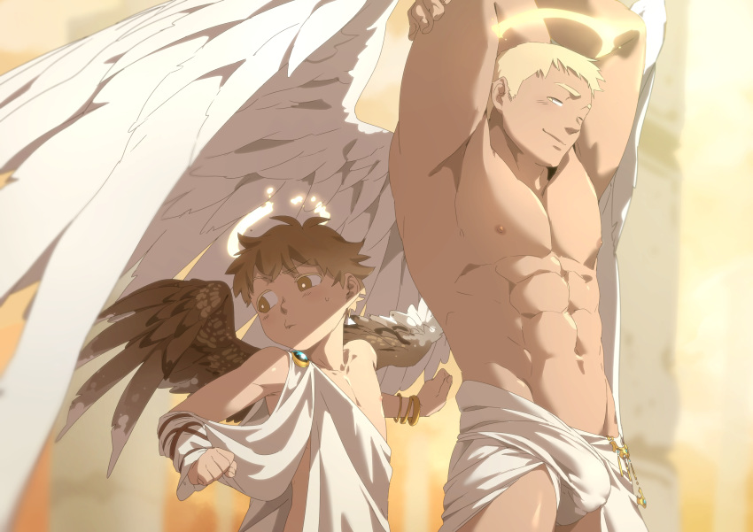 2boys absurdres angel angel_wings bird_wings blonde_hair blue_eyes blush feathered_wings glimo halo highres looking_away male_focus multiple_boys muscular muscular_male navel original pectorals short_hair shota smile toned toned_male wings