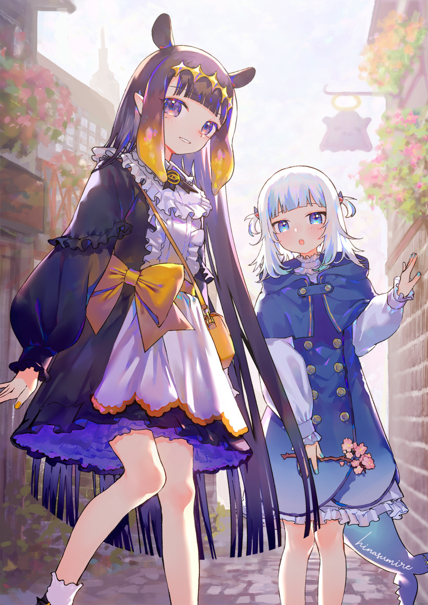 2girls adapted_uniform alternate_costume animal_ears apron artist_name bag bangs black_dress black_hair black_neckwear black_ribbon blue_capelet blue_coat blue_eyes blue_hair blue_nails blunt_bangs bow branch breasts capelet cherry_blossoms coat commentary cowboy_shot day double-breasted dress extra_ears eyebrows_visible_through_hair fish_tail frills gawr_gura gradient_hair hair_ornament handbag highres hinasumire holding holding_branch hololive hololive_english knees_together_feet_apart large_bow long_hair looking_at_viewer medium_hair mole mole_under_eye multicolored_hair multiple_girls nail_polish neck_ribbon ninomae_ina'nis orange_hair orange_nails outdoors pointy_ears puffy_sleeves ribbon shark_hair_ornament shark_tail short_twintails signature silver_hair small_breasts smile standing streaked_hair tail tako_(ninomae_ina'nis) tentacle_hair tiara twintails two-tone_hair two_side_up very_long_hair violet_eyes virtual_youtuber yellow_bow