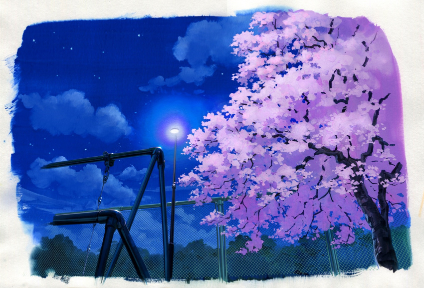 blue_sky border chain-link_fence cherry_blossoms fence highres lamppost night night_sky no_humans original outdoors sawitou_mizuki scan scenery sky swing traditional_media tree watercolor_(medium) white_border