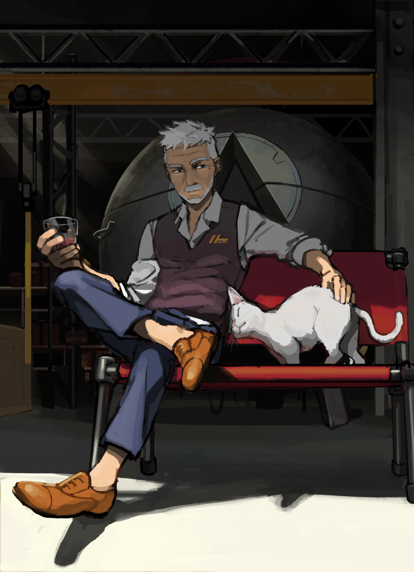 1boy animal beard bench cat commentary crossed_legs facial_hair glass highres holding kongou_b male_focus mustache old old_man original petting short_hair sitting vest white_hair