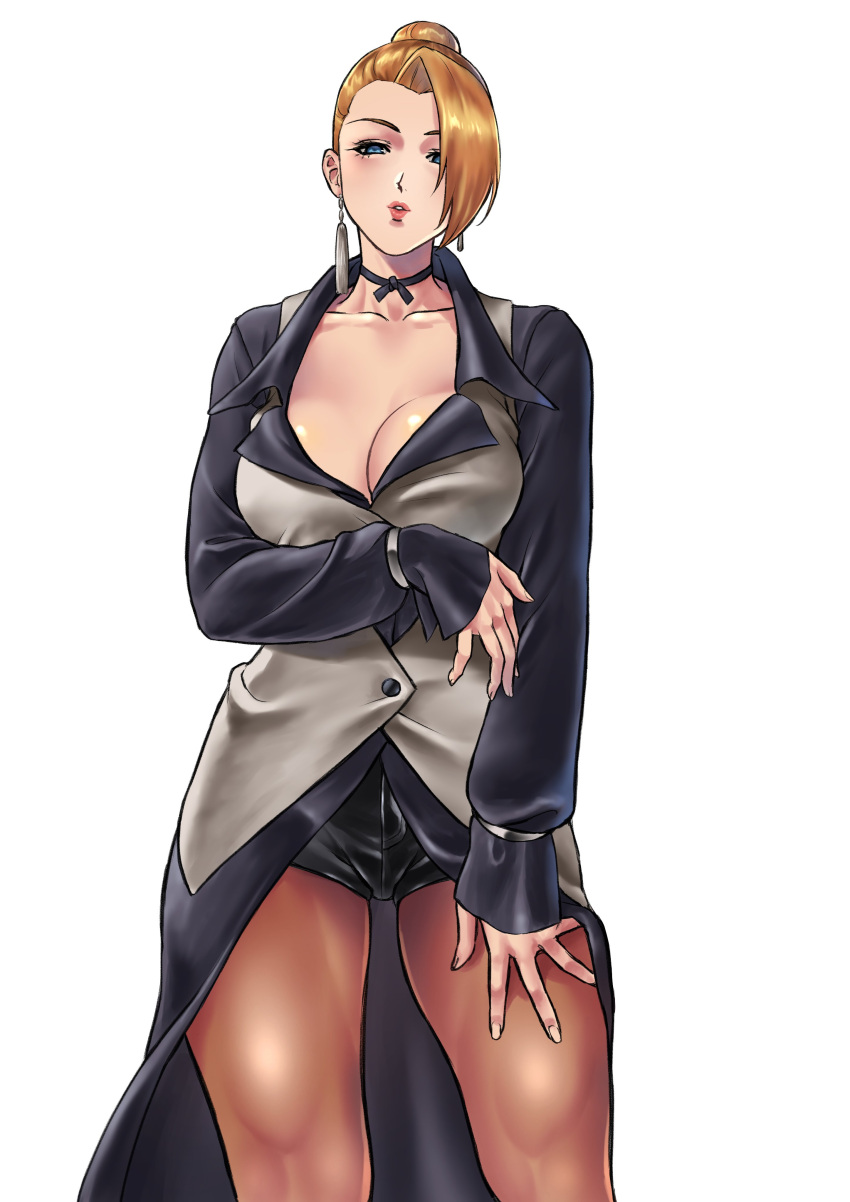 1girl absurdres arm_under_breasts beniazumaru blonde_hair blue_eyes breasts brown_legwear choker commentary_request earrings hair_over_one_eye highres jewelry long_sleeves low_neckline mature_(kof) pantyhose puckered_lips shorts solo the_king_of_fighters