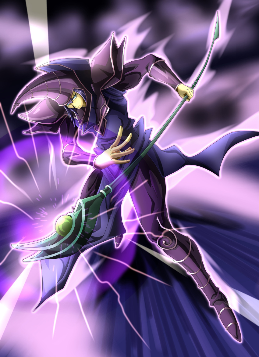 1boy absurdres bangs boots closed_mouth commentary_request dark_magician duel_monster energy full_body green_eyes hair_between_eyes hat highres holding holding_staff male_focus purple_hair solo spread_fingers staff wizard_hat yu-gi-oh! zeke_(analogmon)