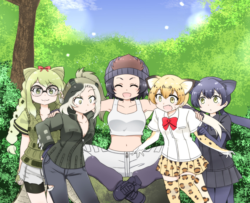 5girls ^_^ animal_ears animal_print arm_around_shoulder bare_arms bare_shoulders beanie bike_shorts bike_shorts_under_shorts black_hair black_leopard_(kemono_friends) blonde_hair bow bowtie braid breast_pocket cat_girl closed_eyes closed_mouth collarbone collared_jacket collared_shirt commentary_request crocodilian_tail cutoffs day denmaru._(dedendenmaru) elbow_gloves eyebrows_visible_through_hair facing_viewer fang fingerless_gloves friends furrowed_eyebrows glasses gloves gorilla_(kemono_friends) green_eyes green_hair hair_bow hand_on_another's_arm hand_on_another's_shoulder hand_on_eyewear hand_up hat high_collar high_ponytail jacket kemono_friends leaning_forward leopard_(kemono_friends) leopard_ears leopard_print leopard_tail long_hair long_sleeves looking_at_viewer looking_down low-tied_long_hair midriff miniskirt multicolored_hair multiple_girls open_mouth orange_hair outdoors over-rim_eyewear pants partially_unzipped pocket print_gloves print_legwear print_skirt saltwater_crocodile_(kemono_friends) seiza semi-rimless_eyewear shirt shoes short_hair short_shorts short_sleeves shorts shorts_under_shorts sitting skirt smile spectacled_caiman_(kemono_friends) spikes standing stomach tail tan tank_top thigh-highs torn_clothes torn_pants twin_braids twintails vest white_shirt wide-eyed wing_collar yellow_eyes zettai_ryouiki zipper zipper_pull_tab |d