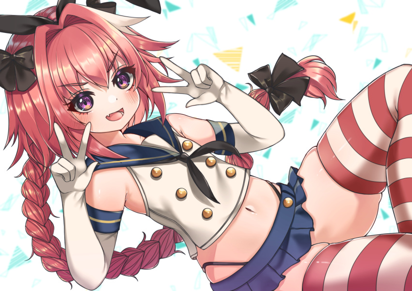 1boy absurdres astolfo_(fate) black_bow black_hairband black_panties blue_skirt bow braid cosplay crop_top crossdressinging double_v elbow_gloves fate/grand_order fate_(series) gloves hair_bow hair_intakes hairband highleg highleg_panties highres kantai_collection long_braid long_hair male_focus microskirt multicolored_hair narurock8925 otoko_no_ko panties pink_hair pleated_skirt sailor_collar shimakaze_(kancolle) shimakaze_(kancolle)_(cosplay) single_braid skirt streaked_hair striped striped_legwear thigh-highs thighs thong underwear v violet_eyes white_gloves white_hair