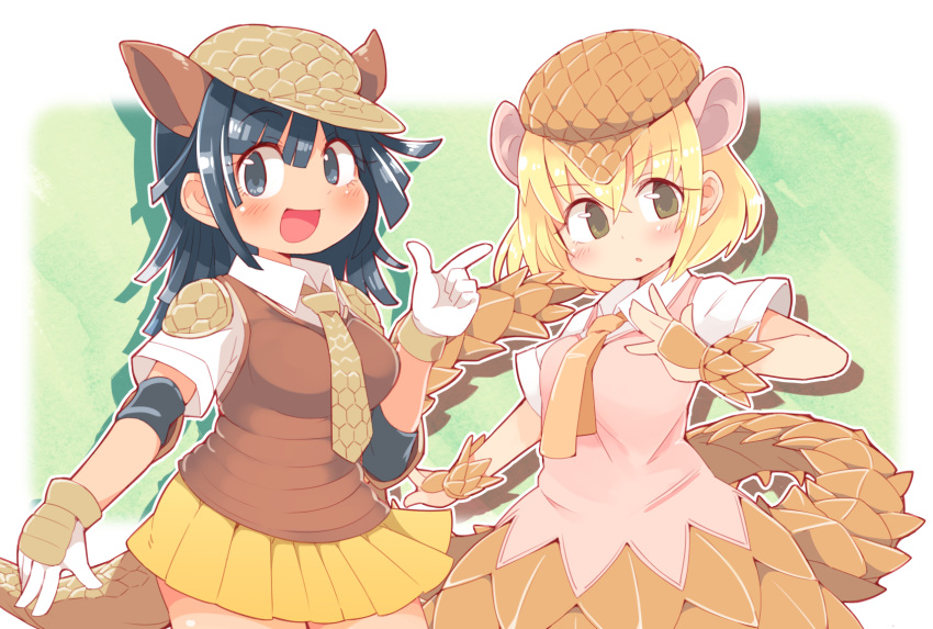 2girls :d :o armadillo_ears armadillo_tail bangs blonde_hair blue_background blue_eyes blue_hair blush breasts brown_eyes brown_headwear brown_vest commentary_request contrapposto cowboy_shot crossed_bangs drop_shadow dutch_angle extra_ears eyebrows_visible_through_hair giant_armadillo_(kemono_friends) giant_pangolin_(kemono_friends) gloves hair_between_eyes hand_up hat highres index_finger_raised ini_(inunabe00) kemono_friends long_hair looking_at_viewer medium_breasts multiple_girls necktie open_mouth orange_skirt outline pangolin_ears pangolin_tail parted_lips pink_vest pleated_skirt shirt short_sleeves simple_background skirt smile standing vambraces vest white_background white_gloves white_outline white_shirt yellow_neckwear yellow_skirt