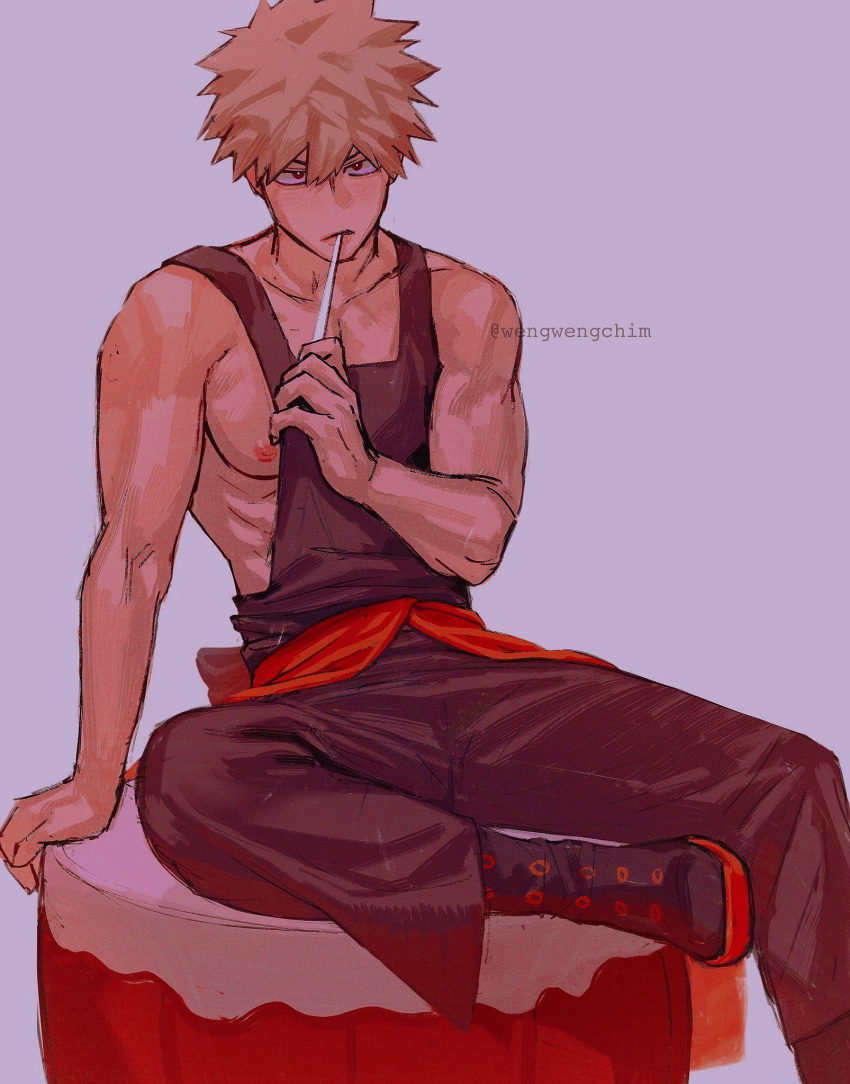 1boy artist_name bakugou_katsuki bangs bare_arms bare_shoulders black_pants blonde_hair boku_no_hero_academia boots closed_mouth collarbone frown grey_background hair_between_eyes highres looking_at_viewer male_focus nipples pants pectorals red_eyes short_hair simple_background sitting solo spiky_hair symbol_commentary tank_top toned toned_male wengwengchim