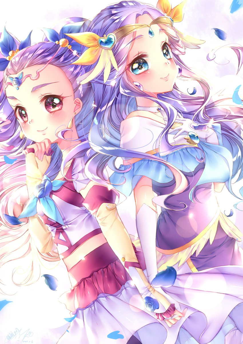 2girls aqua_eyes blush choker color_connection commentary_request cure_earth detached_sleeves dress earrings eyelashes fuurin_asumi hair_ornament happy healin'_good_precure highres holding_hands jewelry looking_at_viewer magical_girl milk_(yes!_precure_5) milky_rose mimino_kurumi multiple_girls petals precure purple_dress smile standing touki_matsuri violet_eyes yes!_precure_5 yes!_precure_5_gogo!