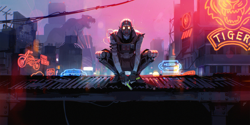 1boy apex_legends arm_strap bandaged_arm bandages black_gloves black_headwear cable cropped_vest fingerless_gloves gloves goggles highres holding holding_syringe iwamoto_zerogo lens_flare looking_at_viewer male_focus mask mechanical_legs mouth_mask neon_lights octane_(apex_legends) orange_eyes prosthesis prosthetic_leg solo squatting syringe vest