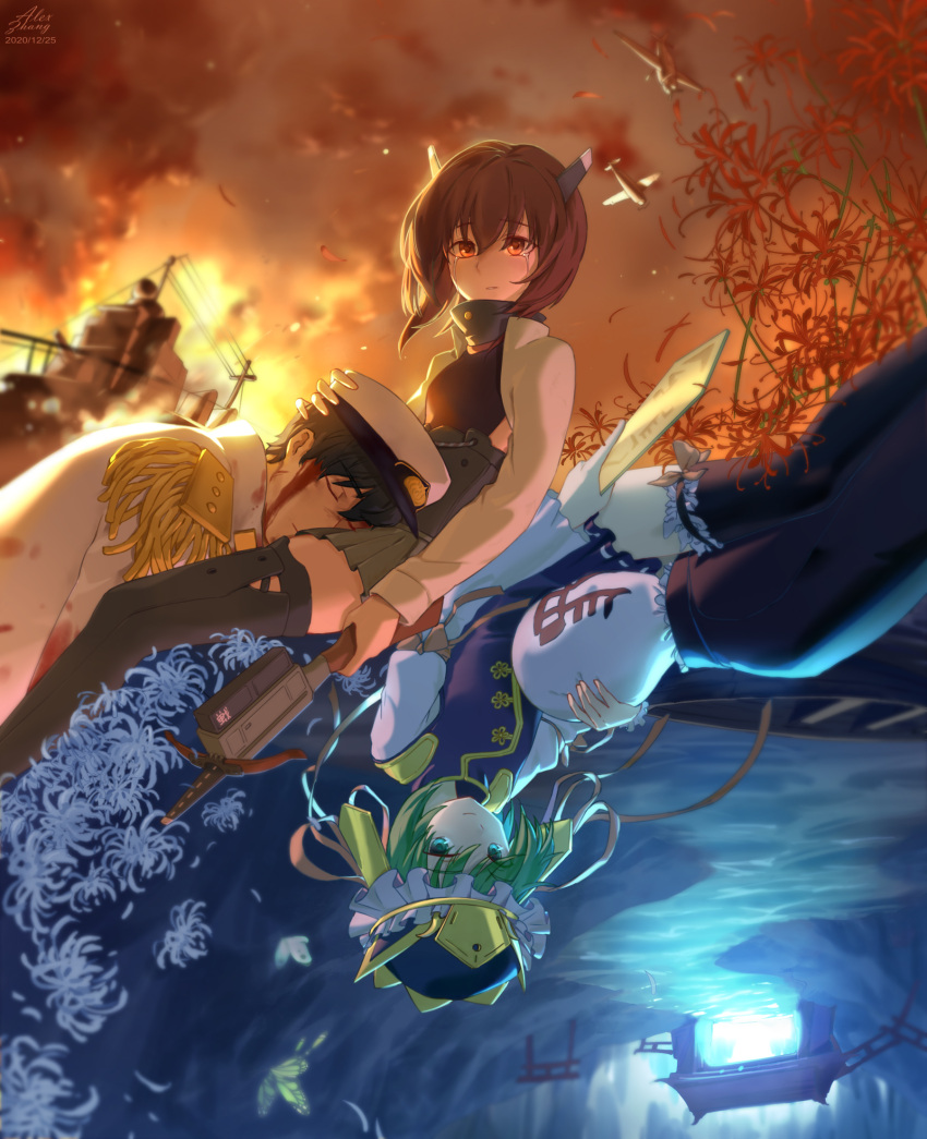 2boys 2girls admiral_(kancolle) aircraft alexzhang bangs black_legwear blue_eyes brown_eyes brown_hair bug butterfly closed_eyes crossover crying dated epaulettes fire flower frilled_hat frills green_hair hat headgear highres holding insect kantai_collection lap_pillow long_sleeves multiple_boys multiple_girls pleated_skirt red_flower rod_of_remorse shiki_eiki short_hair sidelocks sin_sack skirt smoke spider_lily taihou_(kancolle) tears thigh-highs torii touhou water watercraft white_flower