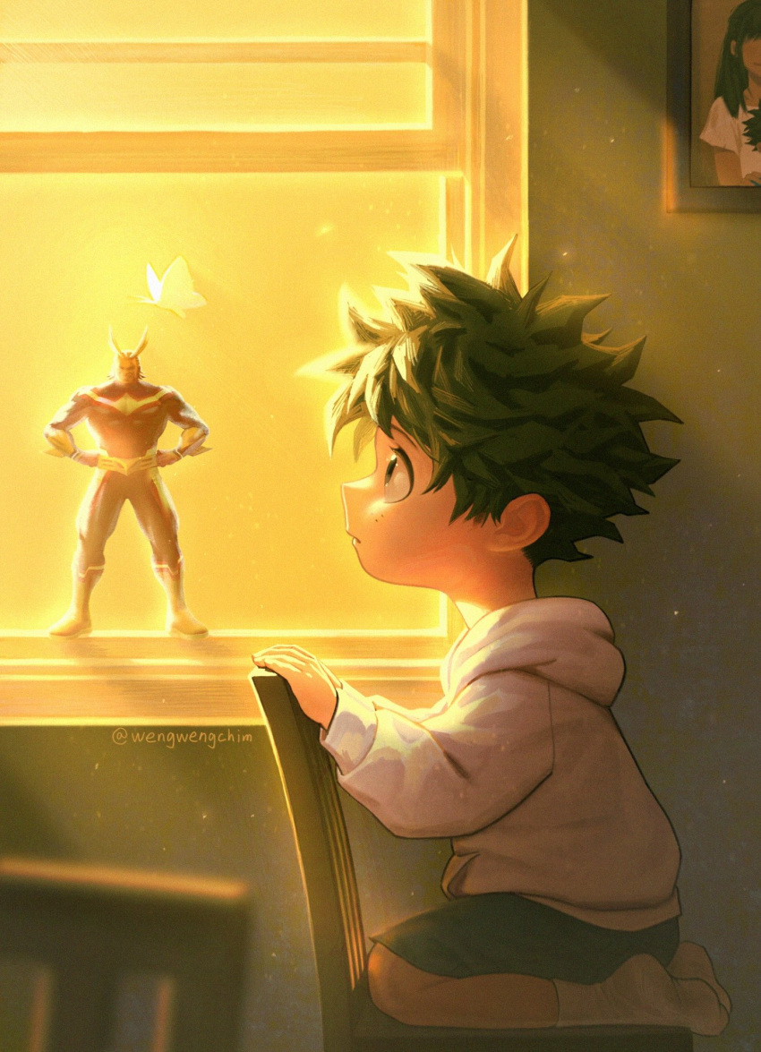 1boy all_might artist_name bangs blurry blurry_background boku_no_hero_academia bug butterfly chair character_doll child commentary_request from_side green_hair grey_hoodie grey_legwear highres hood hoodie insect long_sleeves male_focus messy_hair midoriya_izuku photo_(object) profile short_hair shorts sitting socks solo sunlight wengwengchim window younger