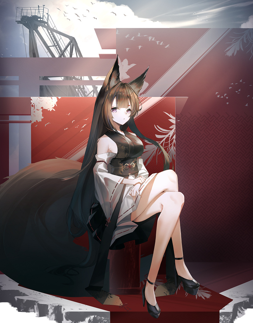 1girl absurdres alternate_costume amagi_(azur_lane) animal_ears azur_lane bare_shoulders black_footwear breasts brown_hair brown_sash brown_tail fox_ears full_body high_heels highres huge_filesize ka11_ca kitsune large_breasts large_tail long_hair looking_at_viewer machinery shoes sideboob solo tail very_long_hair violet_eyes wide_sleeves