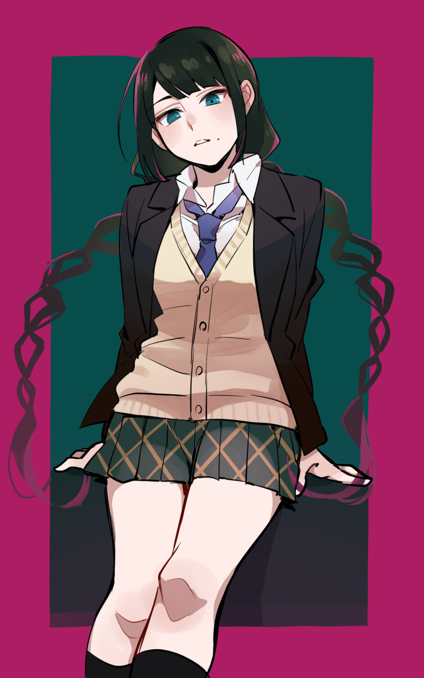 1girl alternate_costume arm_support bangs black_hair black_jacket black_legwear blue_eyes blue_neckwear brown_hair chabashira_tenko collared_shirt commentary_request dangan_ronpa_(series) dangan_ronpa_v3:_killing_harmony green_background highres jacket kneehighs long_hair long_sleeves looking_at_viewer mole mole_under_mouth necktie open_clothes open_jacket open_mouth pink_background pleated_skirt ribbon school_uniform shiny shiny_hair shirt skirt solo teeth twintails vest