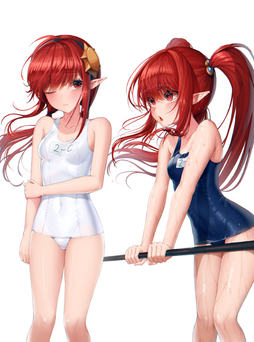 2girls absurdres blue_swimsuit blush breasts dungeon_and_fighter eyebrows_visible_through_hair hair_between_eyes highres legs long_hair looking_at_another looking_at_viewer multiple_girls name_tag one-piece_swimsuit one_eye_closed open_mouth pointy_ears red_eyes redhead school_swimsuit sidelocks simple_background standing swimsuit thighs twintails wet white_background white_swimsuit yjs0803123