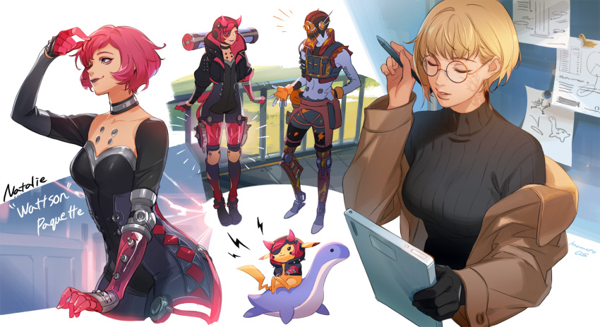 1boy 1girl :3 apex_legends arm_tattoo black_gloves black_headwear blue_skin bodysuit breasts brown_jacket colored_skin cosplay cropped_shirt cropped_vest crossover cyber_punked_wattson eyepatch gen_1_pokemon glasses gloves goggles highres holding holding_pen holding_tablet_pc horns iwamoto_zerogo jacket leaning_forward lichtenberg_figure lipstick loch_ness_monster looking_down looking_to_the_side looking_up makeup medium_breasts midriff navel nessie_(respawn) octane_(apex_legends) off_shoulder one_eye_covered orange_vest pen pikachu pink_hair pokemon purple_lips round_eyewear scar scar_on_cheek scar_on_face short_hair single_glove small_breasts smile stuffed_toy tablet_pc tattoo trait_connection vest wattson_(apex_legends) wattson_(apex_legends)_(cosplay)