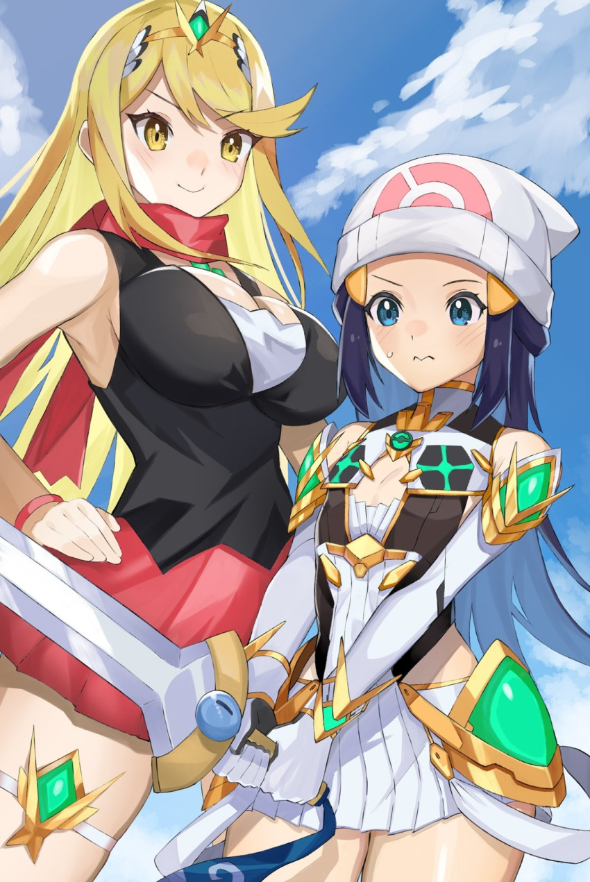 2girls armor armored_dress bangs beanie black_shirt blonde_hair blue_eyes blue_hair blue_sky breast_envy breasts clouds commentary_request cosplay costume_switch creatures_(company) crossover hikari_(pokemon) hikari_(pokemon)_(cosplay) day dress flat_chest game_freak gen_6_pokemon hat highres hikari_(pokemon) hikari_(pokemon)_(cosplay) mythra_(xenoblade) mythra_(xenoblade)_(cosplay) holding holding_sword holding_weapon honedge katwo large_breasts long_hair monolith_soft multiple_girls mythra_(xenoblade) mythra_(xenoblade)_(cosplay) name_connection name_difference namesake nintendo outdoors pokemon pokemon_(game) pokemon_dppt red_scarf red_skirt scarf shirt short_dress short_hair skirt sky sleeveless sleeveless_shirt smile super_smash_bros. sweatdrop swept_bangs sword tiara weapon white_dress white_headwear xenoblade_chronicles_(series) xenoblade_chronicles_2 yellow_eyes