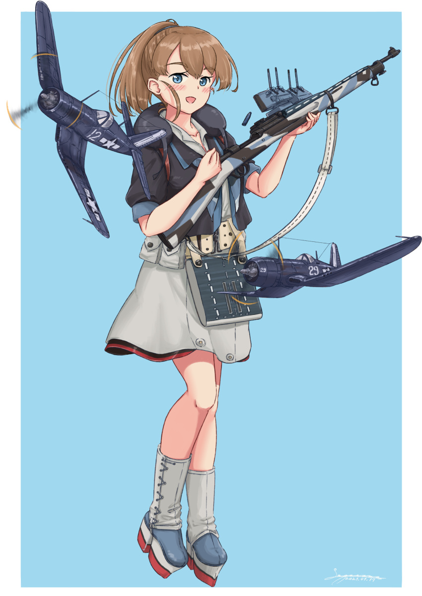 1girl absurdres aircraft aircraft_request airplane apron black_shirt blue_background blue_eyes boots brown_hair flight_deck full_body grey_neckwear grey_skirt gun highres intrepid_(kancolle) kantai_collection long_hair m1903_springfield miniskirt neck_pillow ponytail rifle sagoromo_04 shirt skirt solo two-tone_background weapon white_background white_neckwear