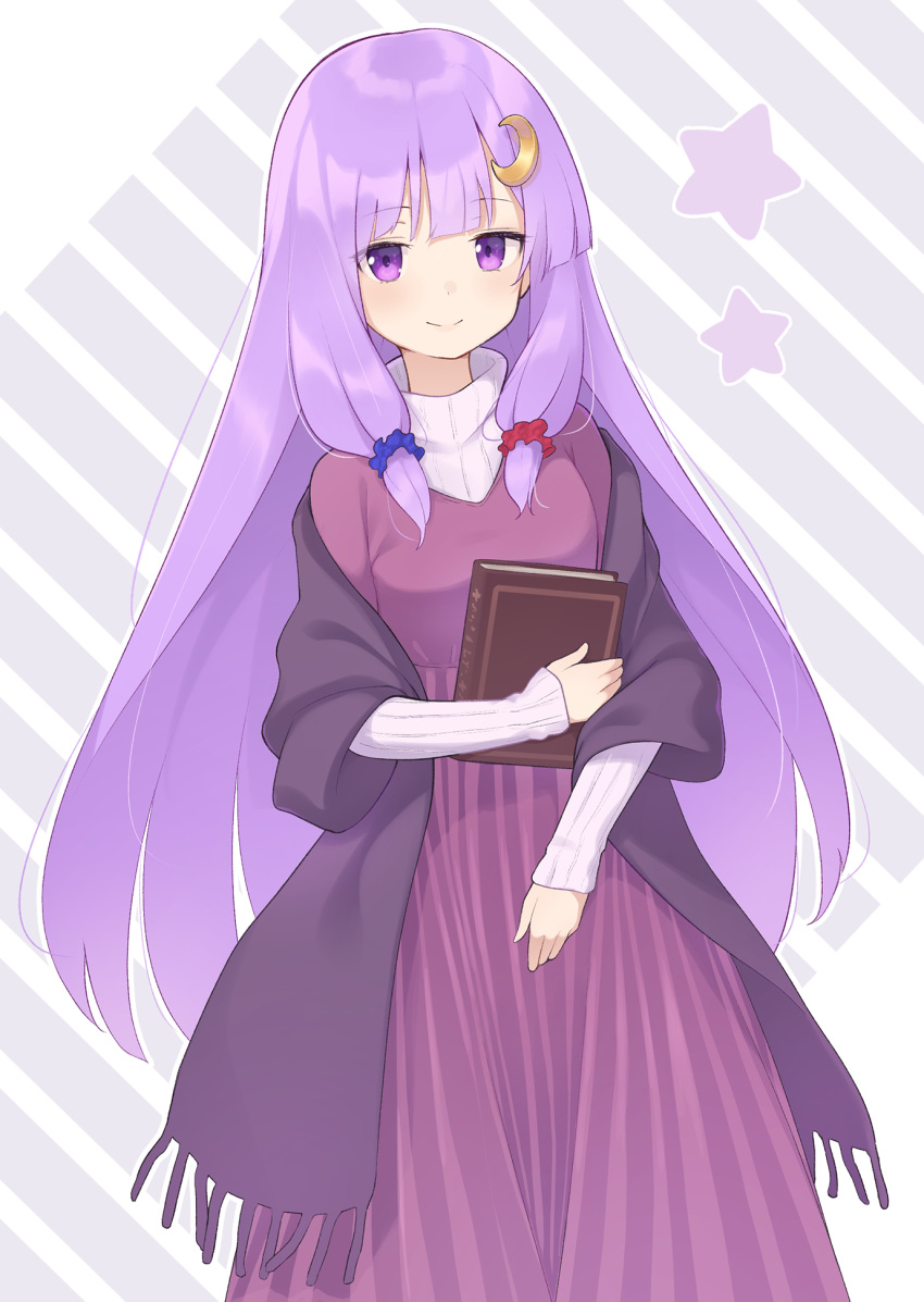 1girl alternate_costume bangs blush book cardigan commentary_request crescent crescent_hair_ornament dress eyebrows eyebrows_visible_through_hair eyelashes hair_ornament hair_scrunchie highres holding holding_book kanpa_(campagne_9) long_hair long_sleeves looking_at_viewer no_hat no_headwear off_shoulder patchouli_knowledge purple_dress purple_hair scrunchie smile solo star_(symbol) striped sweater touhou very_long_hair violet_eyes