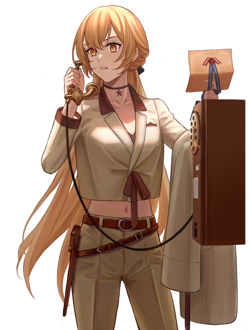 1girl belt blonde_hair brown_belt brown_jacket brown_pants brown_suit collarbone eyebrows_visible_through_hair formal girls_frontline hair_ornament hair_ribbon highres holding holding_clothes holding_jacket holding_letter holding_phone holster jacket jewelry letter long_hair looking_away navel necklace ots-14_(girls_frontline) pants phone ribbon silayloe solo standing star_(symbol) star_necklace suit white_background yellow_eyes