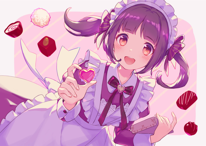 1girl :d ame8desu apron bangs black_hair blunt_bangs blush bow bowtie box box_of_chocolates brown_eyes candy chocolate chocolate_heart dress dutch_angle food frilled_apron frills hair_ribbon heart highres long_sleeves looking_at_viewer maid maid_apron maid_headdress open_mouth original pinafore_dress ribbon short_hair sleeve_cuffs smile solo twintails upper_teeth valentine white_apron