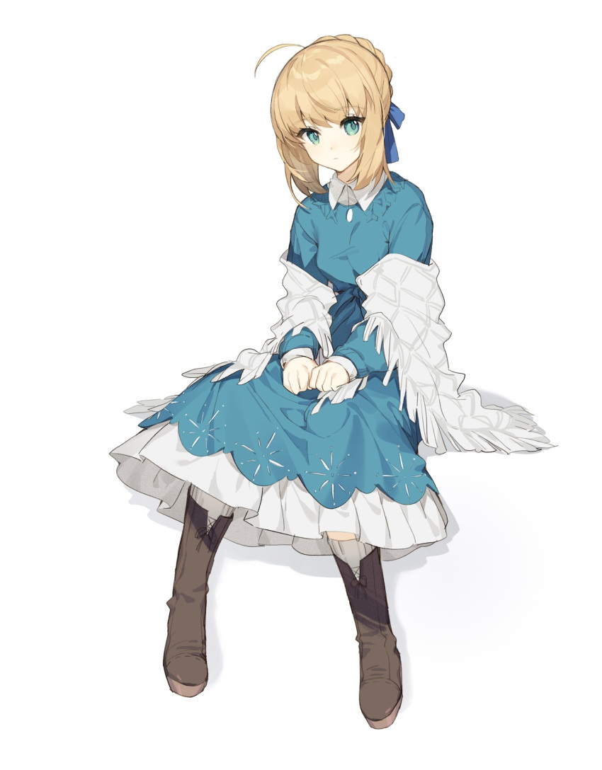 1girl ahoge artoria_pendragon_(all) blonde_hair blue_dress boots brown_footwear dress fate/stay_night fate_(series) green_eyes highres kamiowl saber shawl white_background