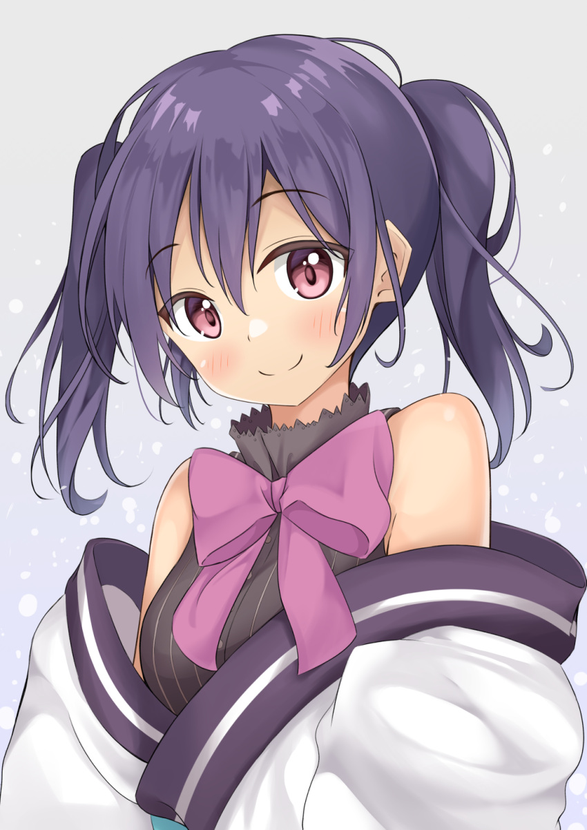 1girl bangs bare_shoulders black_hair black_shirt blush bow bowtie buttons closed_mouth collared_shirt commentary_request cropped_torso eyebrows_visible_through_hair grey_background hair_between_eyes highres japanese_clothes keito4f kimono long_sleeves looking_at_viewer medium_hair off_shoulder purple_bow purple_neckwear sash shiny shiny_hair shiny_skin shirt shoulder_blush sleeveless sleeveless_shirt smile snowflakes solo striped striped_shirt twintails upper_body urara_meirochou vertical-striped_shirt vertical_stripes violet_eyes white_kimono yukimi_koume