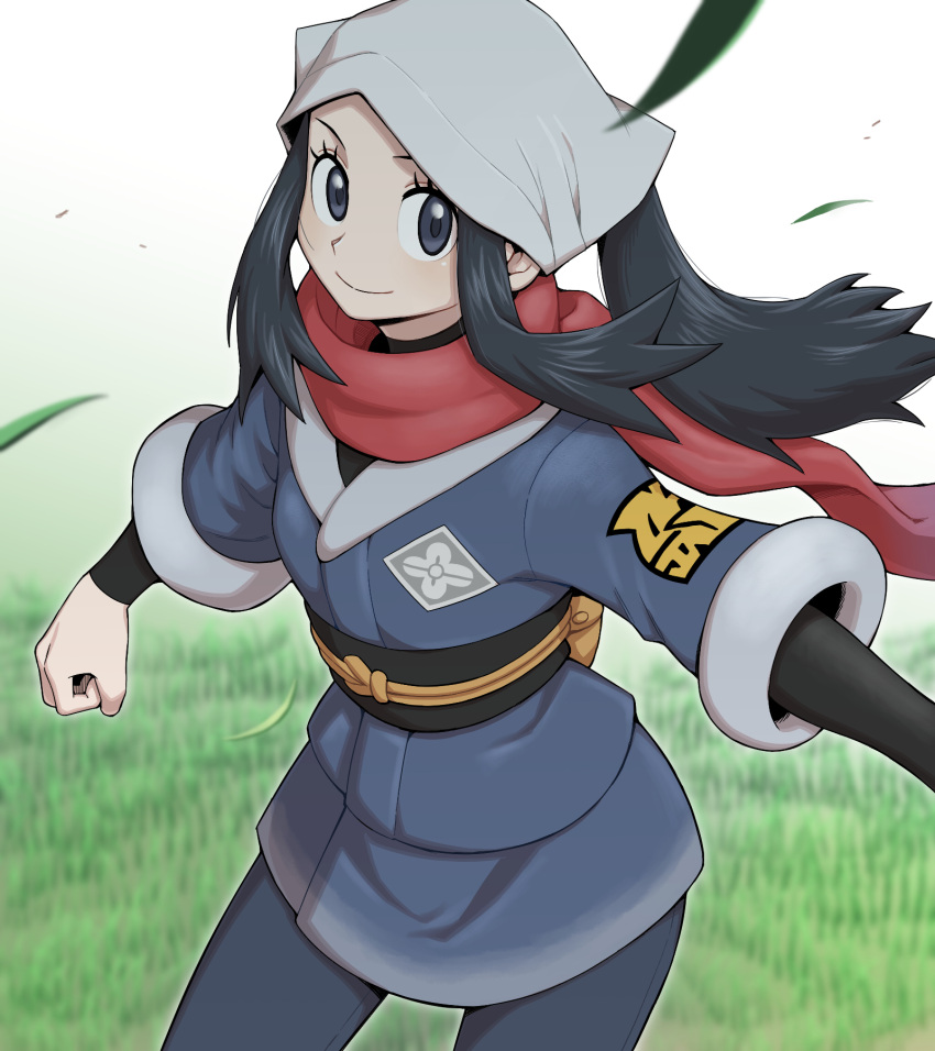 1girl black_hair clenched_hand closed_mouth commentary eyelashes female_protagonist_(pokemon_legends:_arceus) floating_hair floating_scarf grass grey_eyes grey_legwear head_scarf highres leaves_in_wind long_hair looking_at_viewer nutkingcall pantyhose pokemon pokemon_(game) pokemon_legends:_arceus ponytail red_scarf sash scarf sidelocks smile solo white_headwear