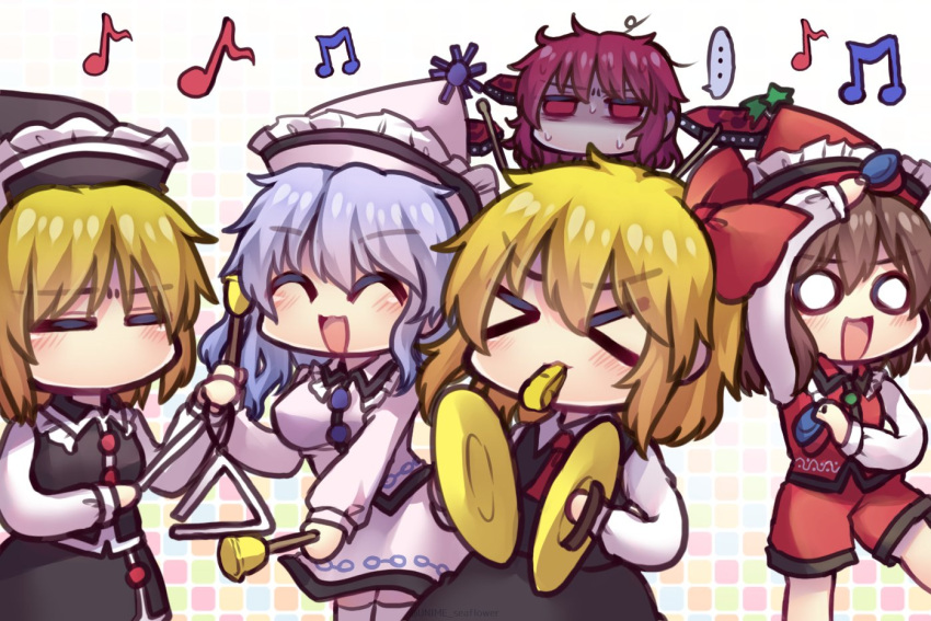 &gt;_&lt; ... 5girls ^_^ ascot bangs beamed_eighth_notes bell black_headwear black_skirt black_vest blonde_hair brown_hair closed_eyes collared_shirt cymbals drum drum_set drumsticks empty_eyes eyebrows_visible_through_hair falling_star frilled_hat frills gradient gradient_background grid_background hair_ribbon half-closed_eyes hat hat_ornament horikawa_raiko instrument light_purple_hair long_sleeves lunasa_prismriver lyrica_prismriver merlin_prismriver multicolored multicolored_background multiple_girls music musical_note pink_headwear pink_skirt pink_vest playing_instrument quarter_note red_eyes red_headwear red_neckwear red_shorts red_vest redhead ribbon rumia shaded_face shirt shorts skirt speech_bubble standing sweat taiko_drum touhou triangle_(instrument) unime_seaflower v-shaped_eyebrows vest whistle white_legwear white_shirt