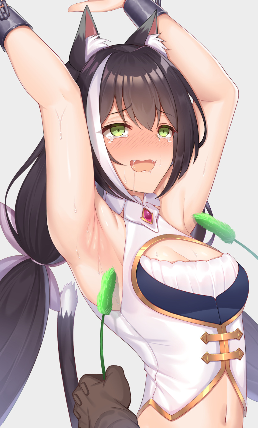 1girl absurdres animal_ear_fluff animal_ears armpits arms_up bangs bare_shoulders black_hair blush breasts cat_ears cat_girl cat_tail green_eyes highres karyl_(princess_connect!) komainu_(yamaha1997) long_hair low_twintails multicolored_hair navel open_mouth princess_connect! princess_connect!_re:dive restrained streaked_hair tail tearing_up tickle_torture tickling twintails white_hair