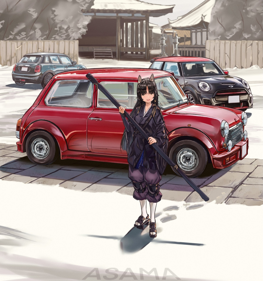 1girl :d animal_ears architecture arknights artist_name asama_(drift_in) black_hair car commentary dog_ears east_asian_architecture english_commentary facial_mark forehead_mark full_body geta ground_vehicle hand_wraps highres holding japanese_clothes kimono knee_pads long_hair mini_cooper motor_vehicle open_mouth outdoors pants purple_kimono purple_pants saga_(arknights) shadow smile solo standing white_legwear yellow_eyes