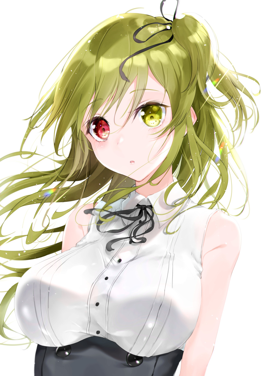1girl absurdres assault_lily black_ribbon blush bow breasts brown_hair eyebrows_visible_through_hair green_eyes hair_between_eyes hair_ornament hair_ribbon heart heterochromia highres huge_filesize kuo_shenlin long_hair looking_at_viewer medium_breasts meen_(ouaughikepdvrsf) one_side_up open_mouth ponytail red_eyes ribbon shirt solo twintails two_side_up yuri