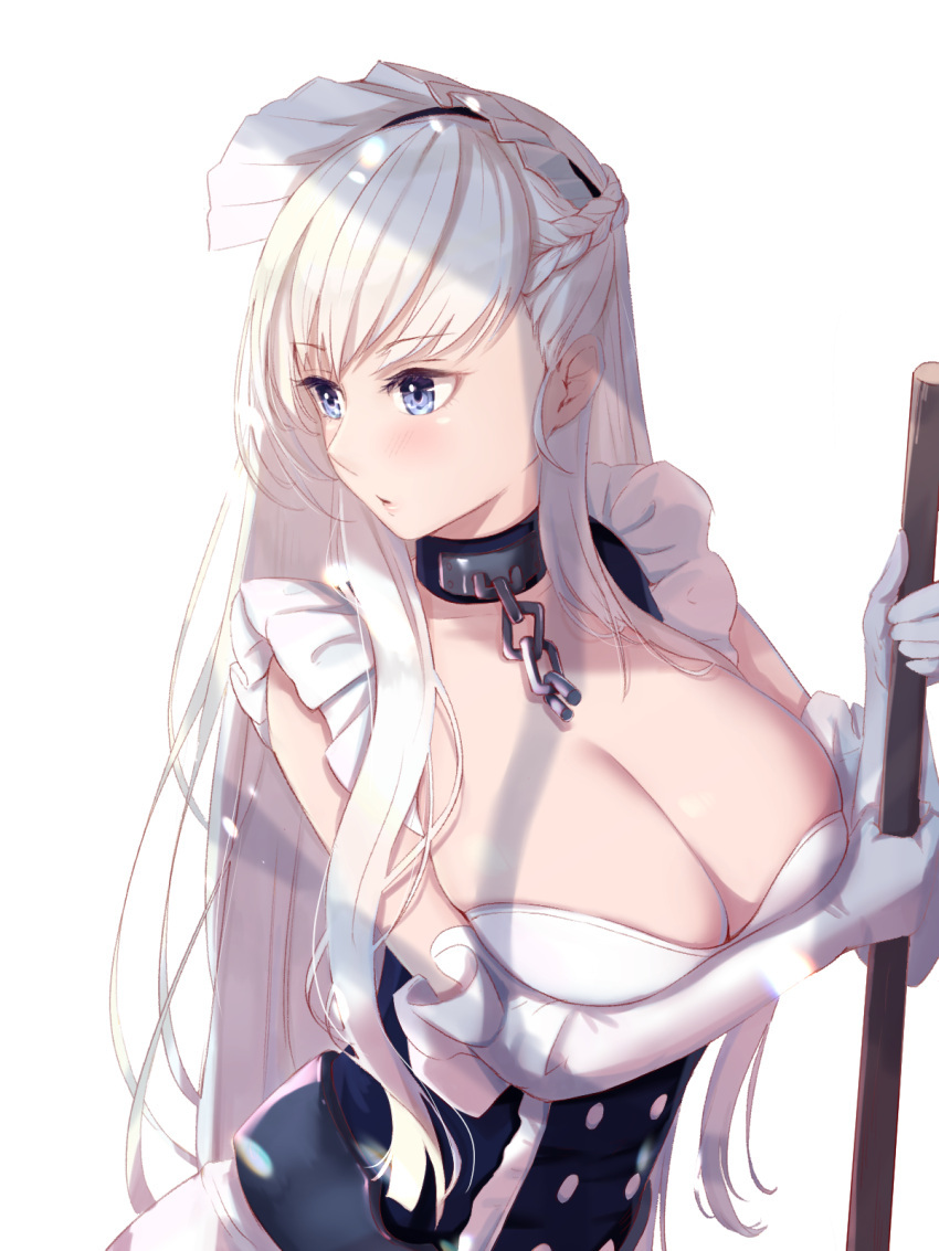 1girl azur_lane belfast_(azur_lane) blue_eyes braid breasts broken broken_chain broom chain dress elbow_gloves eyebrows_visible_through_hair french_braid frilled_dress frills gloves highres holding holding_broom large_breasts long_hair looking_to_the_side maid maid_headdress marumai simple_background sleeveless solo upper_body white_background white_gloves white_hair