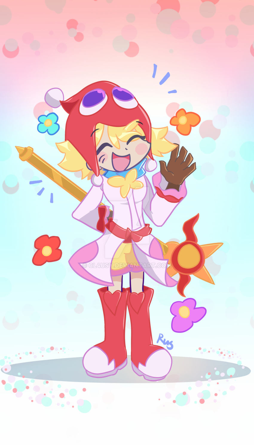 1girl absurdres amitie_(puyopuyo) blonde_hair boots cl4usy closed_eyes coat eyebrows_visible_through_hair eyes_visible_through_hair flower_(symbol) full_body gloves gradient gradient_background hair_between_eyes hat highres holding holding_staff knee_boots long_sleeves open_mouth puyopuyo puyopuyo_fever short_hair shorts smile staff standing yellow_shorts