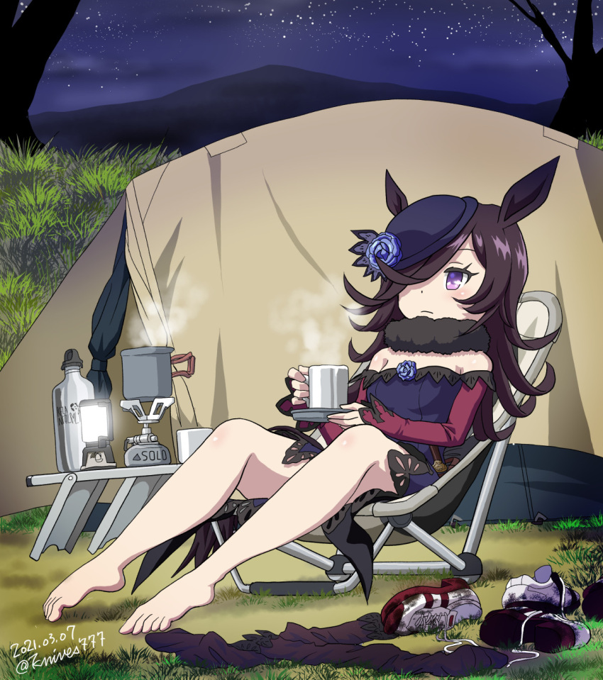 1girl animal_ears barefoot black_hair camping chair cup dirty_footwear folding_chair grass hair_over_one_eye hat highres holding horse_ears knives_(knives777) lantern legwear_removed long_hair night night_sky off_shoulder outdoors rice_shower season_connection shoes_removed sitting sky solo steam tent umamusume violet_eyes yurucamp