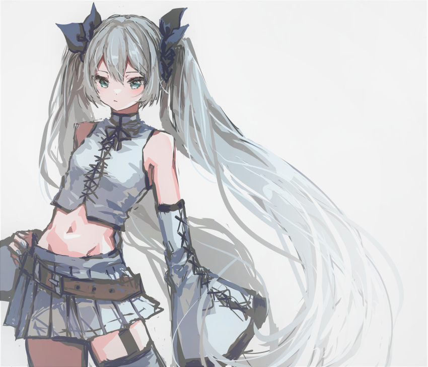 1girl absurdres aile_d'ange_(module) aqua_eyes bare_shoulders belt black_bow bow contrapposto cowboy_shot crop_top detached_sleeves grey_hair grey_shirt grey_skirt grey_sleeves hair_bow hand_on_hip hatsune_miku highres krlouvf lace-up_sleeves lace-up_top long_hair looking_at_viewer midriff navel project_diva_(series) shirt single_thighhigh sketch skirt sleeveless sleeveless_shirt solo thigh-highs twintails very_long_hair vocaloid white_background wide_sleeves